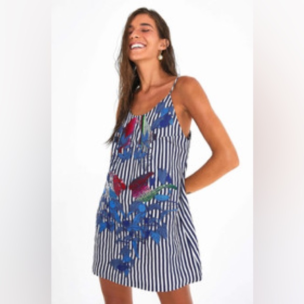 Farm Rio Navy White Stripe Seersucker Embroidered Parrot Mini Dress Size XS